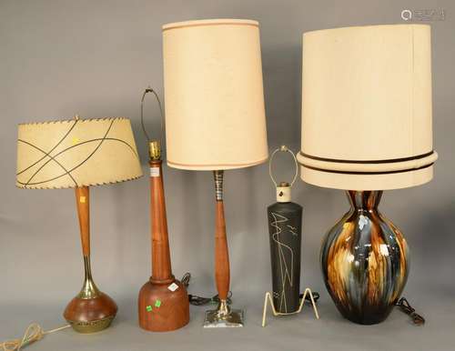 Five piece mid century lamp lot to include three teak