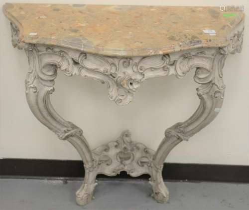 Louis XV style marble top demilune wall console. Ht. 33