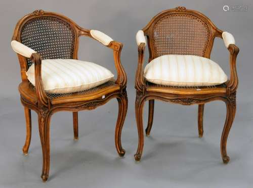 Pair of Louis XV style armchairs with caned back and