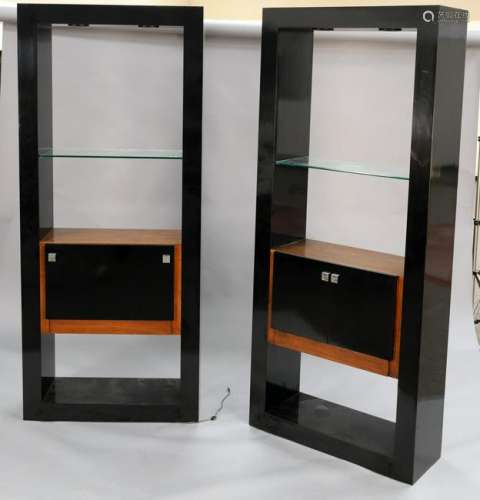 Pair of modern bar cabinets with glass shelves along