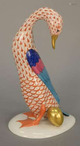 Herend porcelain duck with golden egg in orange