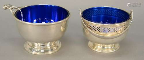 Two sterling silver sugars each with cobalt liners, ht.
