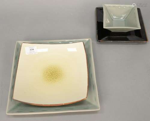 Celadon glaze set having six square plates, matching