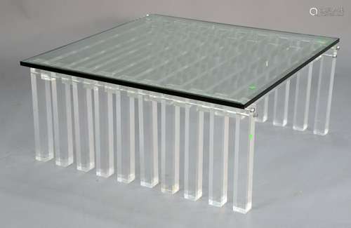 Cityscape style lucite coffee table. ht. 17 in., top: