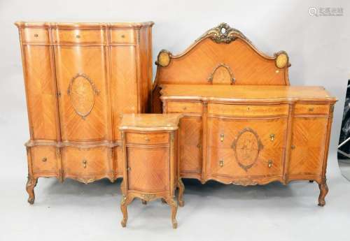 Five piece Louis XV style inlaid bedroom set to include