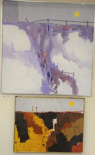 Two oil on canvas abstract paintings, both stamped