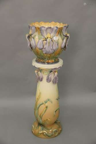 Large majolica jardiniere on stand stand, with molded
