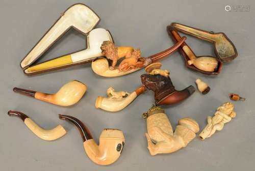 Collection of ten Meershum pipes including dog, lion,