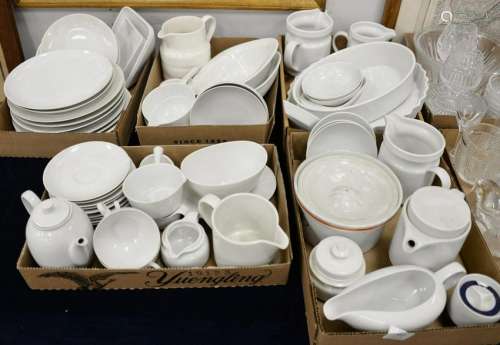 Five tray lots to include mixed white china dinner set,