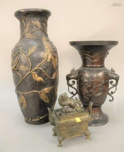 Three piece Chinese bronze censer mounted with lion