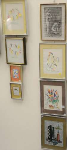 Set of eight framed modern pieces, four from Modern