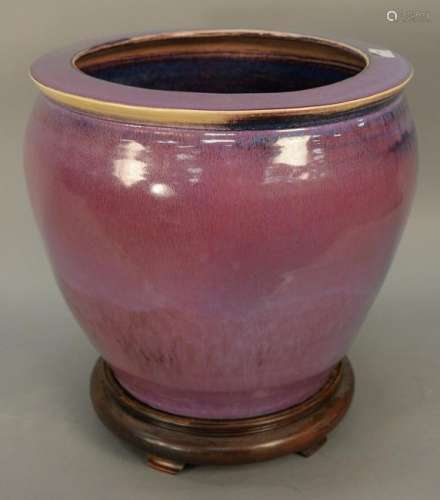 Large purple Flambe glaze planter on stand, total ht.