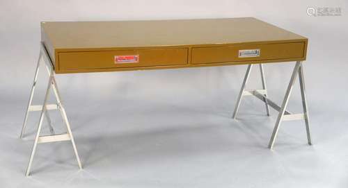 Milo Baughman style desk, having chrome tripod bases,