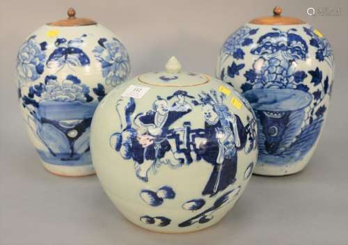 Three Chinese ginger jars to include a pair of blue and