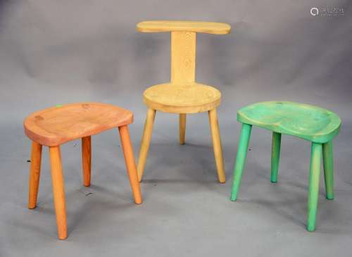 Set of three Bob Roakes stools, one with a back, one is