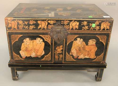 China lacquered and painted lift top box, ht. 18 1/2