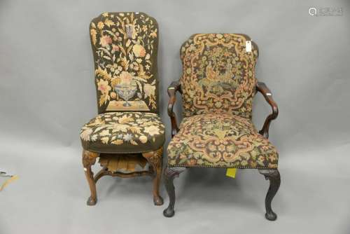 Two Queen Anne style needle point chairs to include one
