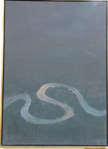 Oil on canvas, abstraction, River landscape, signed