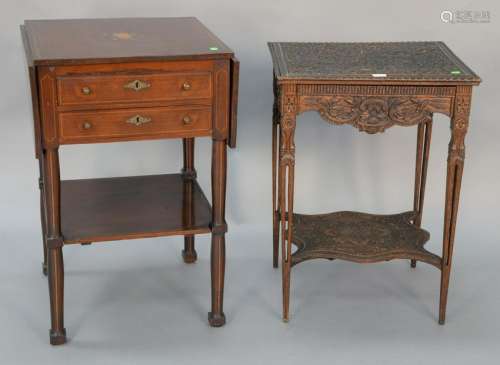 Two stands, mahogany inlaid two drawer with drop leaf