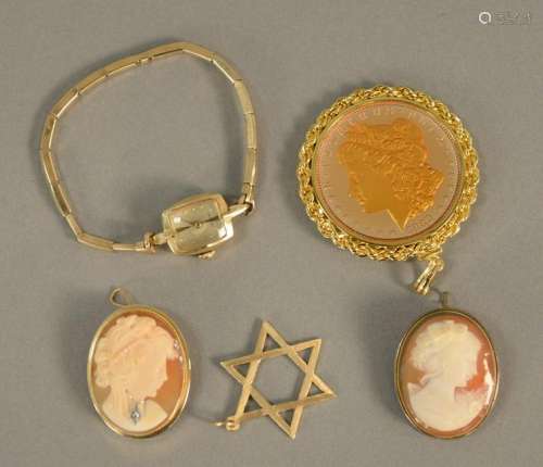 Lot with two Cameo pins, one gold, 14K gold star, 14K