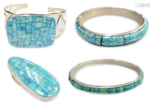 4 STERLING SILVER INLAID TURQUOISE JEWELRY ITEMS