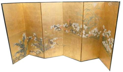 ANTIQUE CHINESE 6 PANEL FLORAL OIL ROOM SCREEN