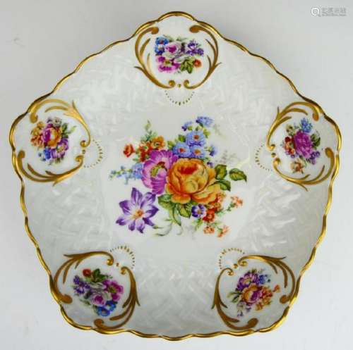 FRENCH LIMOGES HAND PAINTED FLORAL BASKET BOWL