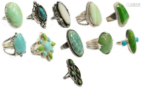 11 STERLING SILVER GREEN & BLUE TURQUOISE RINGS