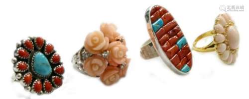 LOT OF 4 DESIGNER STERLING CORAL & GEMSTONE RINGS