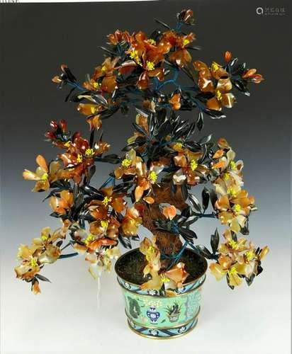 CHINESE FIGURAL CARNELIAN JADE CLOISONNE TREE