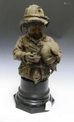 ANTIQUE CAST METAL LARGE BUST OF BOY WITH CHICKEN