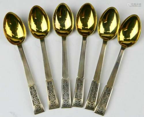 SET OF 6 RUSSIAN 875 SILVER GOLD BOWL TEASPOONS