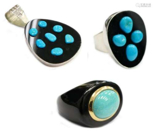 3pcs STERLING 10K YG BLACK ONYX TURQUOISE JEWELRY