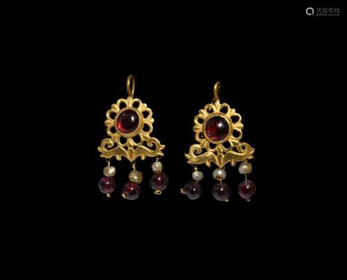 Roman Gold, Garnet and Pearl Earrings