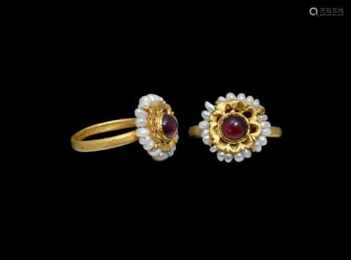 Byzantine Gold Ring with Garnet and Pearl Cluster