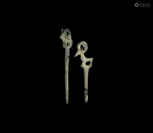 Western Asiatic Luristan Animal Pin Finial Pair