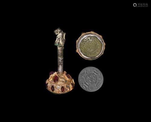 Byzantine Stamp Seal in Gilt Setting with Garnets