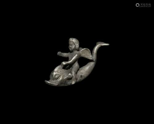 Roman Silver Cupid Riding Dolphin Statuette