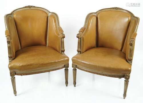 PAIR OF PAINTED & PARCEL GILT LEATHER CHAIRS