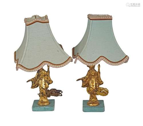 PAIR OF CARVED GILT WOOD FIGURE STEMMED TABLE LAMPS