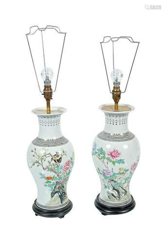 PAIR OF CHINESE FAMILLE ROSE VASE TABLE LAMPS