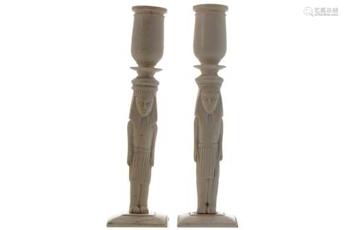 PAIR OF REGENCY IVORY SPHINX STEMMED CANDLESTICKS