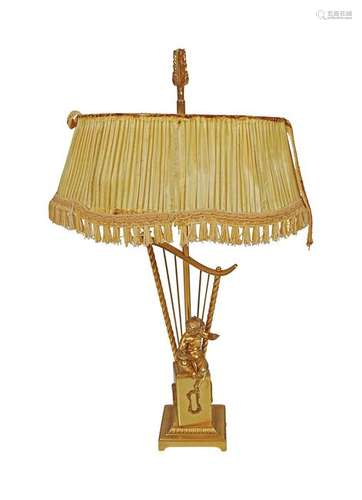 GILT METAL CHERUB AND LYRE STEMMED TABLE LAMP