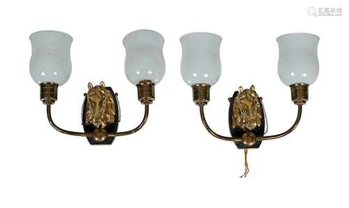 PAIR OF EQUINE THEMED BRASS WALL LIGHTS