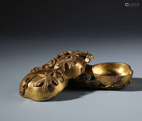 A Fine Chinese Carved Gilt Bronze Double Gourd Box and Cover