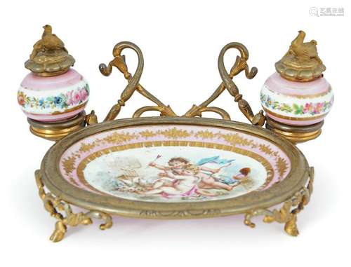 PARIS PORCELAIN AND ORMOLU PEN AND INK STAND