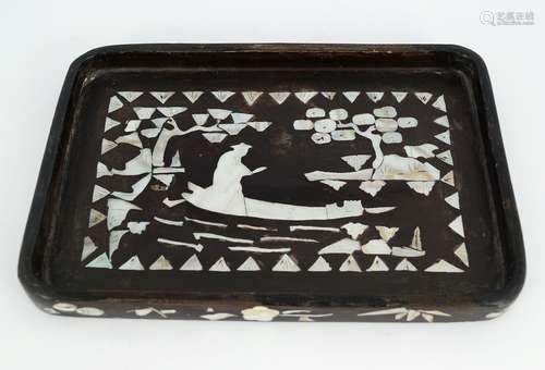 CHINESE MOTHER O'PEARL INLAID HARDWOOD TRAY