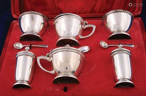 CASED SUITE OF SIX SILVER CONDIMENTS