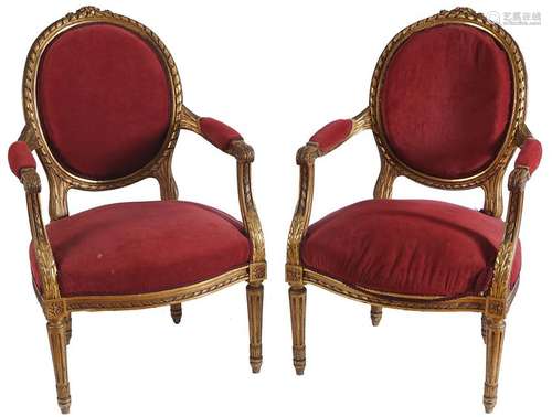 PAIR 19TH-CENTURY LOUIS XVI STYLE GILT  ARMCHAIRS