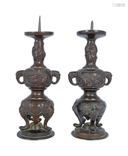 PAIR OF 19TH-CENTURY JAPANESE BRONZE CANDLESTICKS